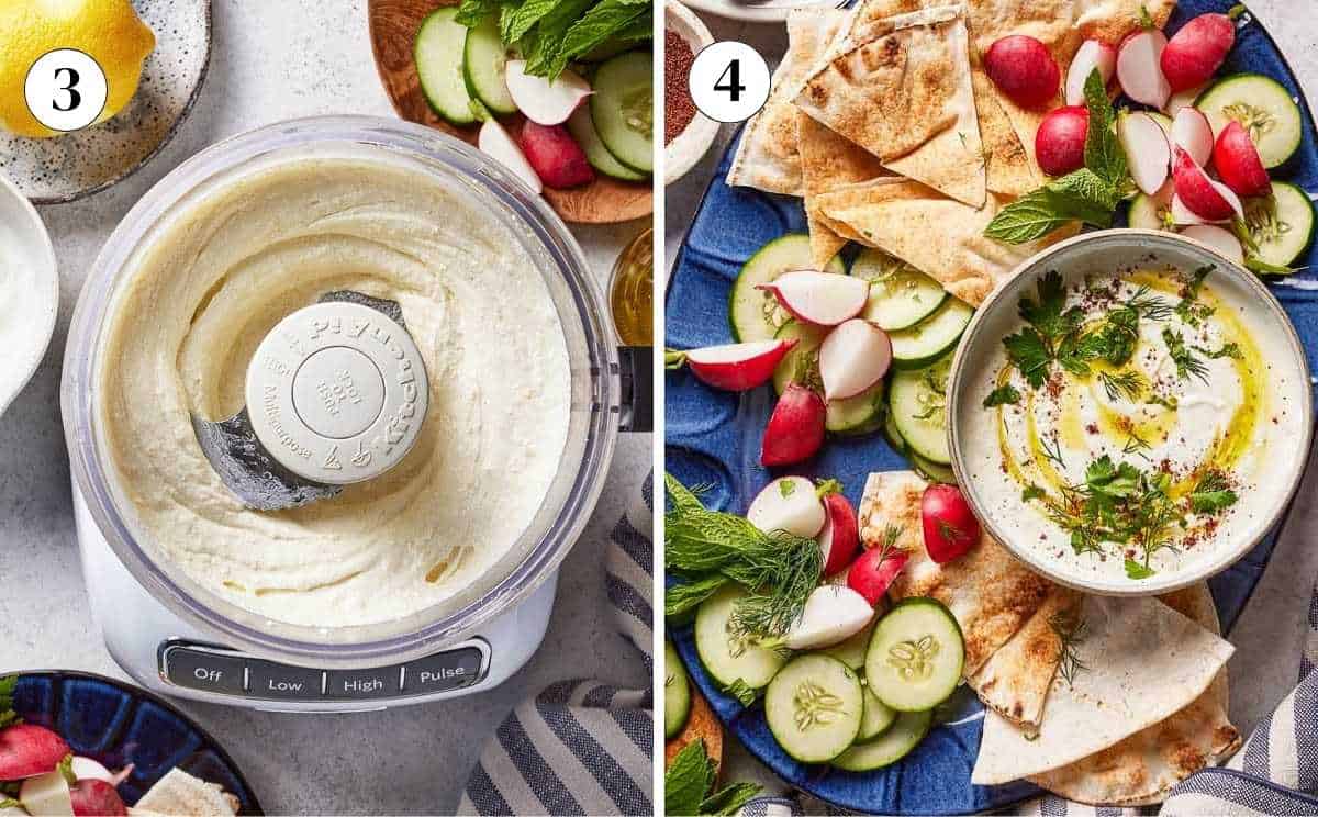 A collage of images showing the making of the creamy Greek yogurt feta dip.
