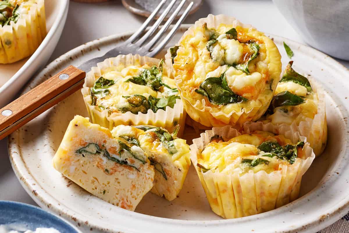 Egg bites on a plate from the front view.