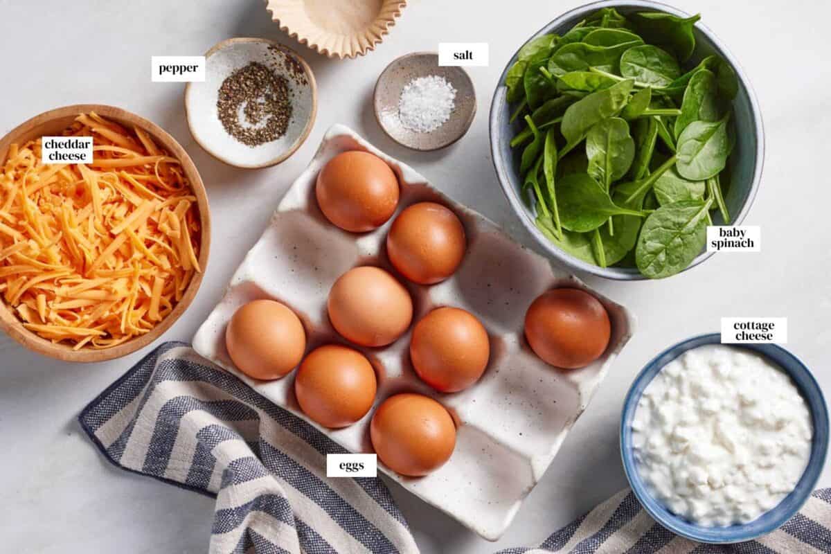 Ingredients for eggs with cottage cheese bites with text on the image.