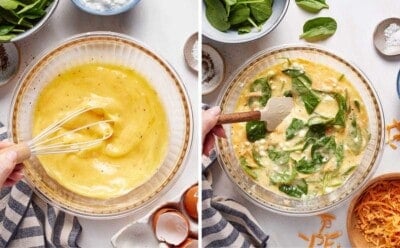 A collage of images showing the egg and cottage cheese mixture.