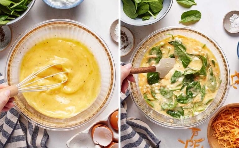 A collage of images showing the egg and cottage cheese mixture.