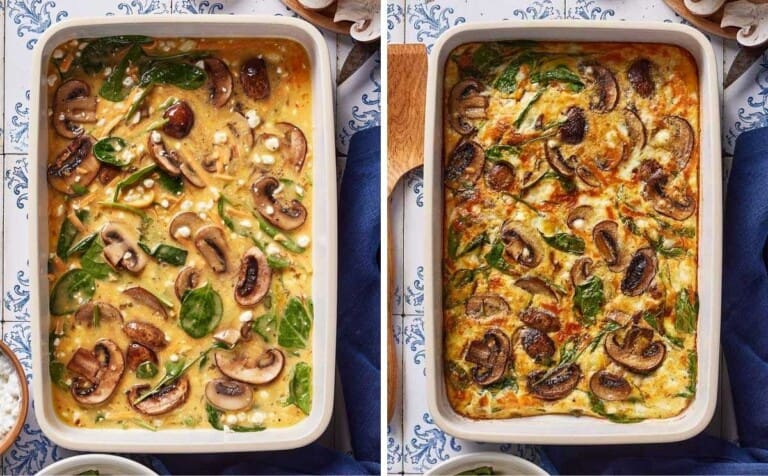 Photos showing the egg cottage cheese bake before and after it is baked.