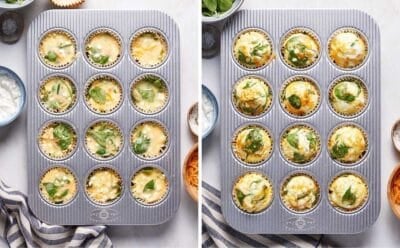 Muffin tin with egg and cottage cheese bites before and after they are baked.