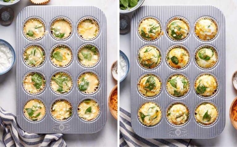 Muffin tin with egg and cottage cheese bites before and after they are baked.