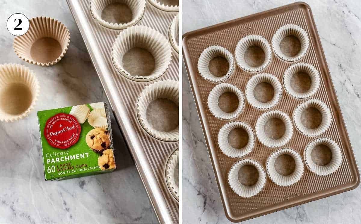 A muffin tin with parchement liners.