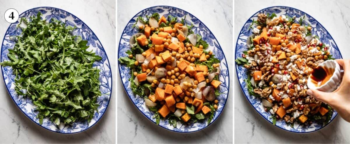 A collage of photos showing the assembly stages of making this roasted sweet potato salad.