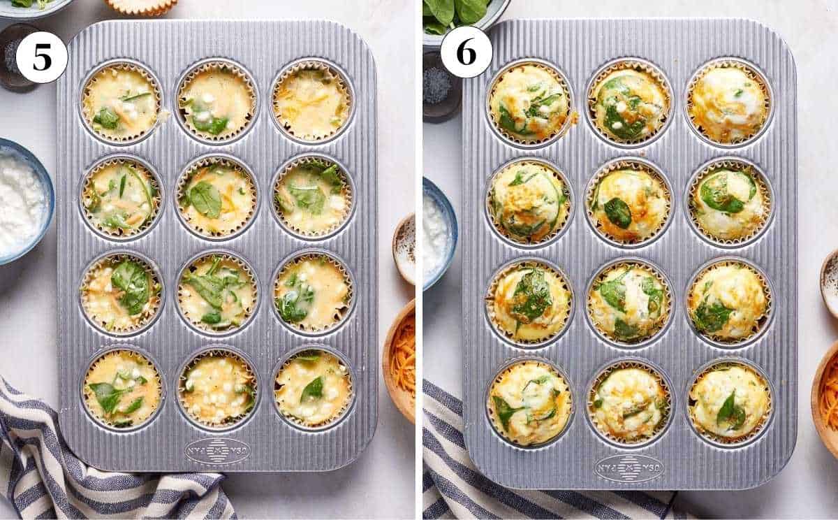 Muffin tin with egg and cottage cheese bites before and after they are baked in the oven.