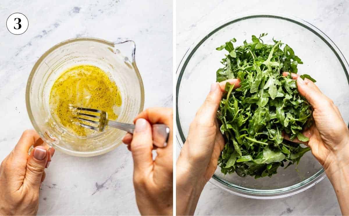 A collage of photos showing how to make the dressing for the salad and how to dress arugula.