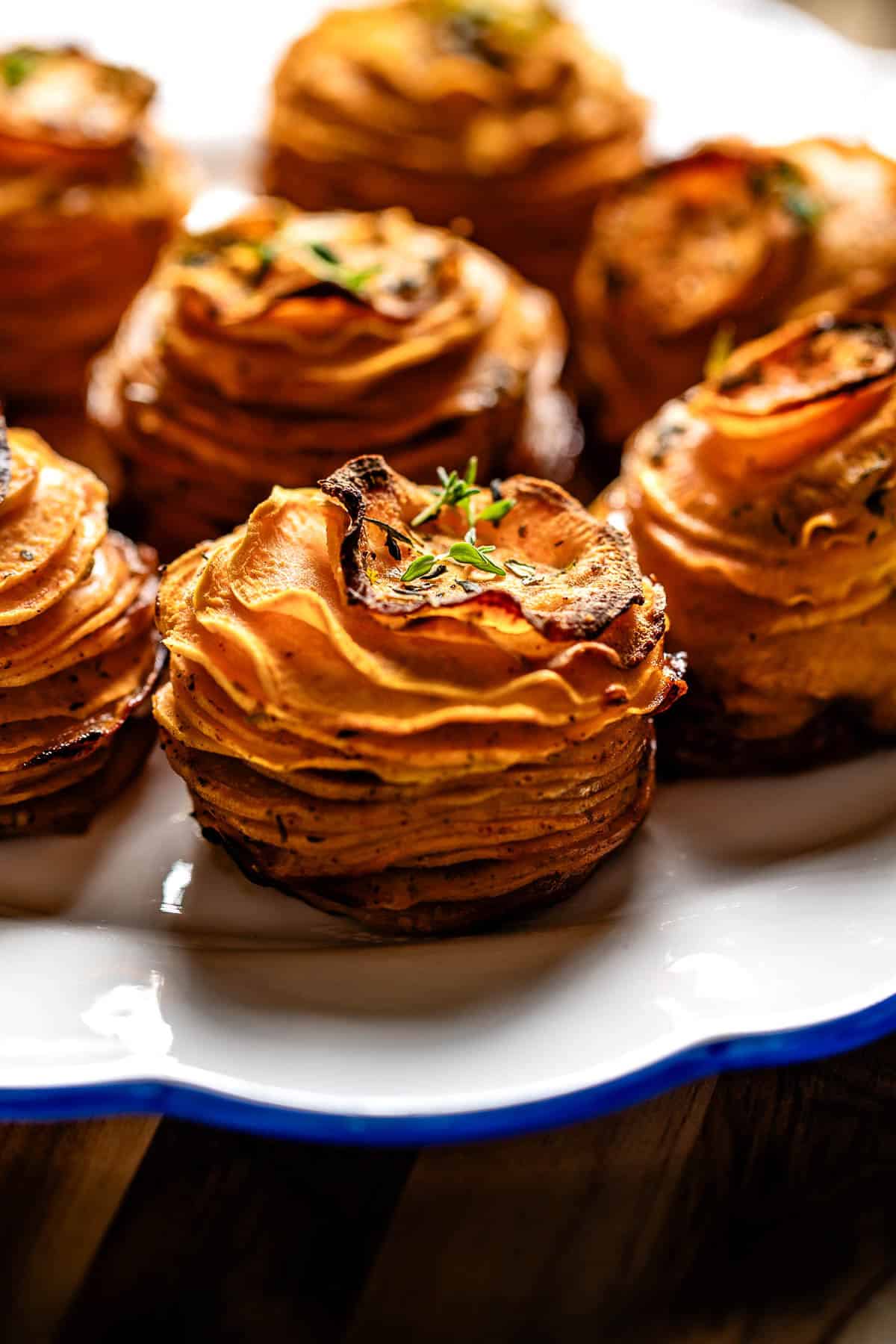 Sweet potato stacks from the front view.