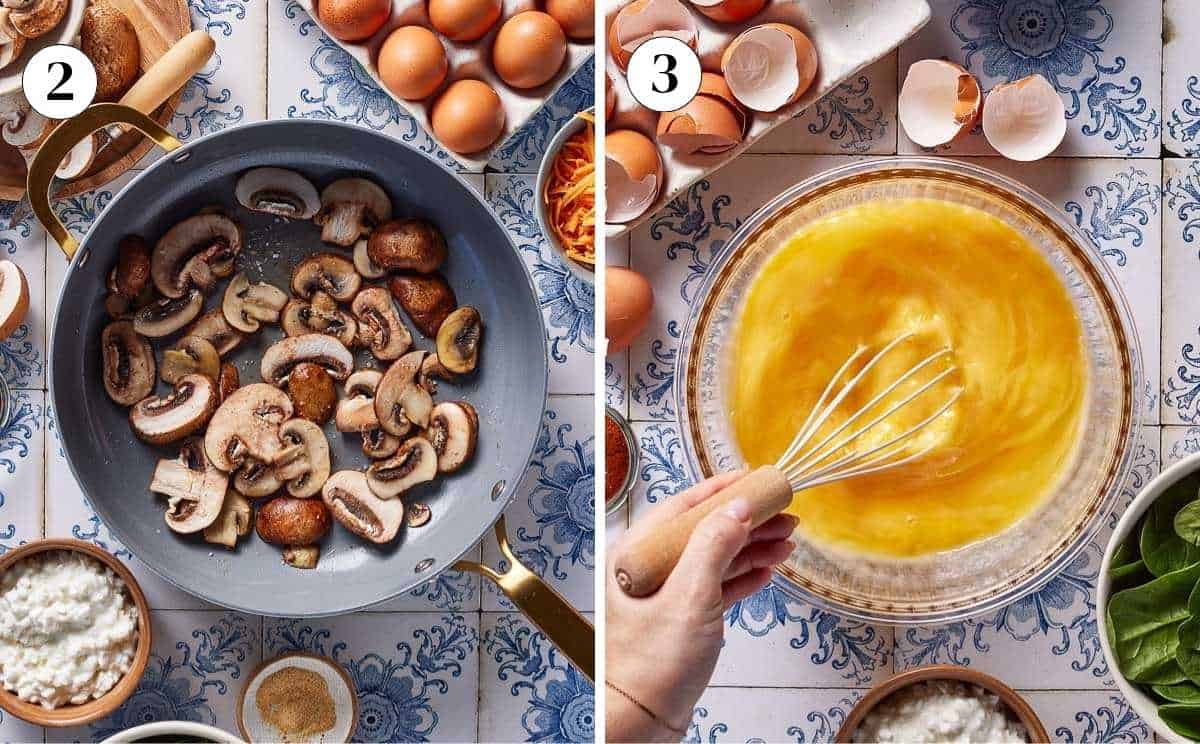 A collage of images showing how to sautee mushrooms and whisk eggs.