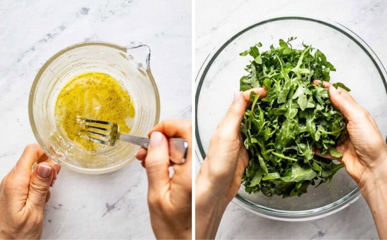 Dressing for the salad and tossing the arugula with it by hand.