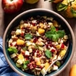 Fall fruit salad from the top view with text on the image.