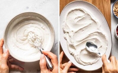 Two images side by side showing the making and spreading of the yogurt tahini sauce.