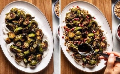 A collage of images showing the roasted Brussels sprouts being assembled.