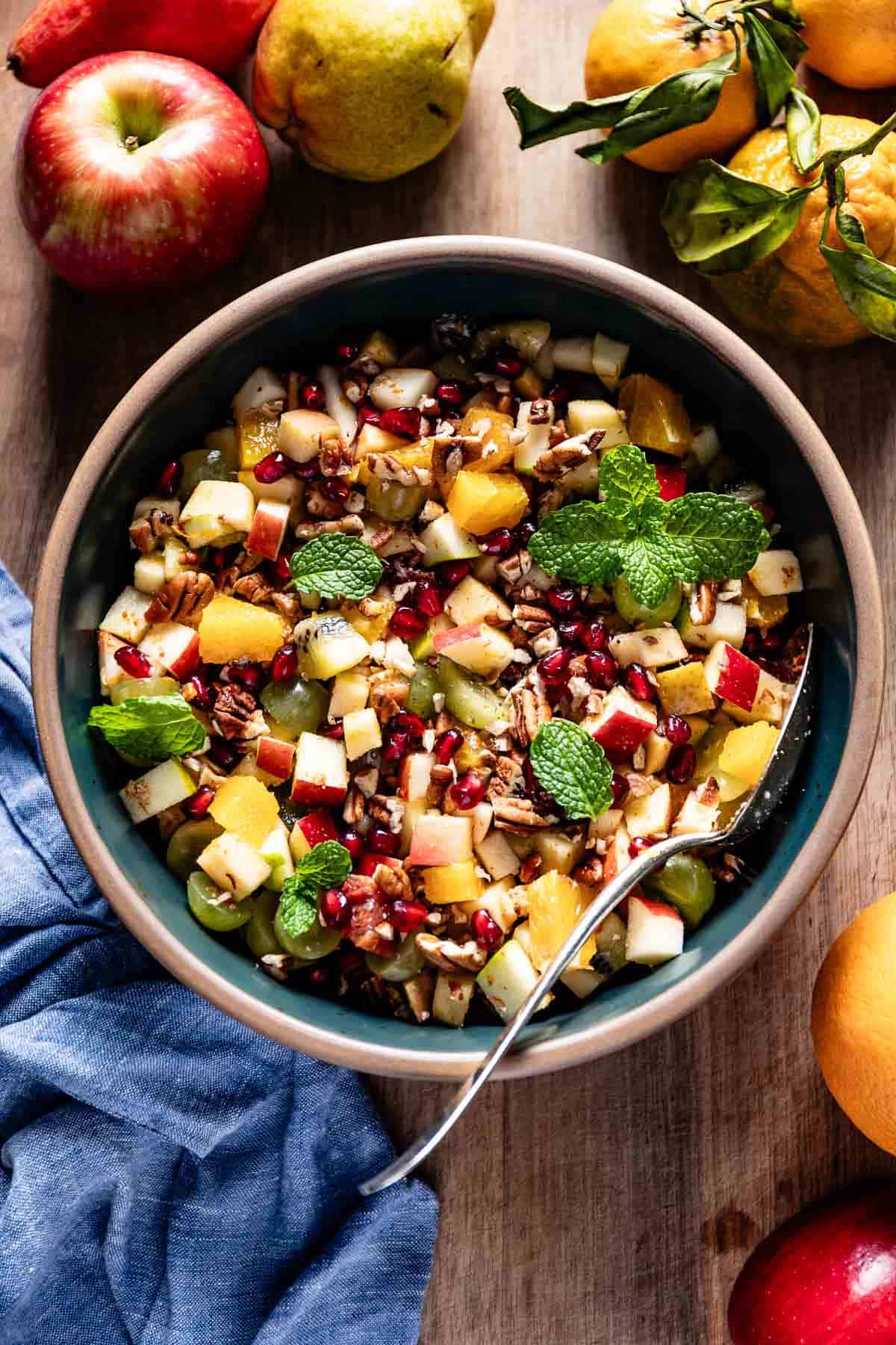Thanksgiving fruit salad in a large bowl from the top view.