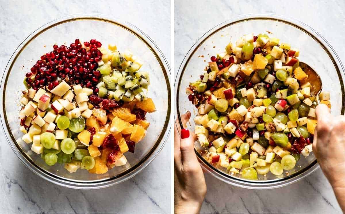 Thanksgiving fruit salad recipe in a bowl before and after it is mixed.