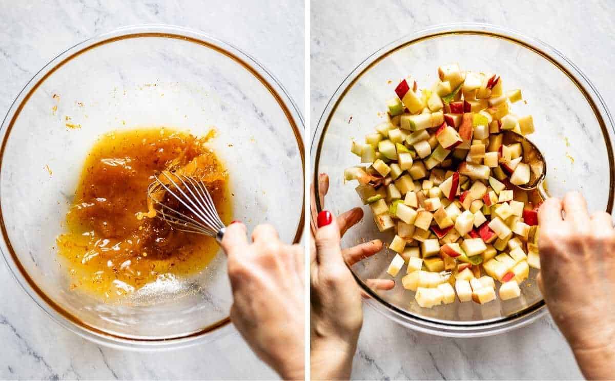 A collage of images showing the steps of make the dressing and adding the apples and pears in there.