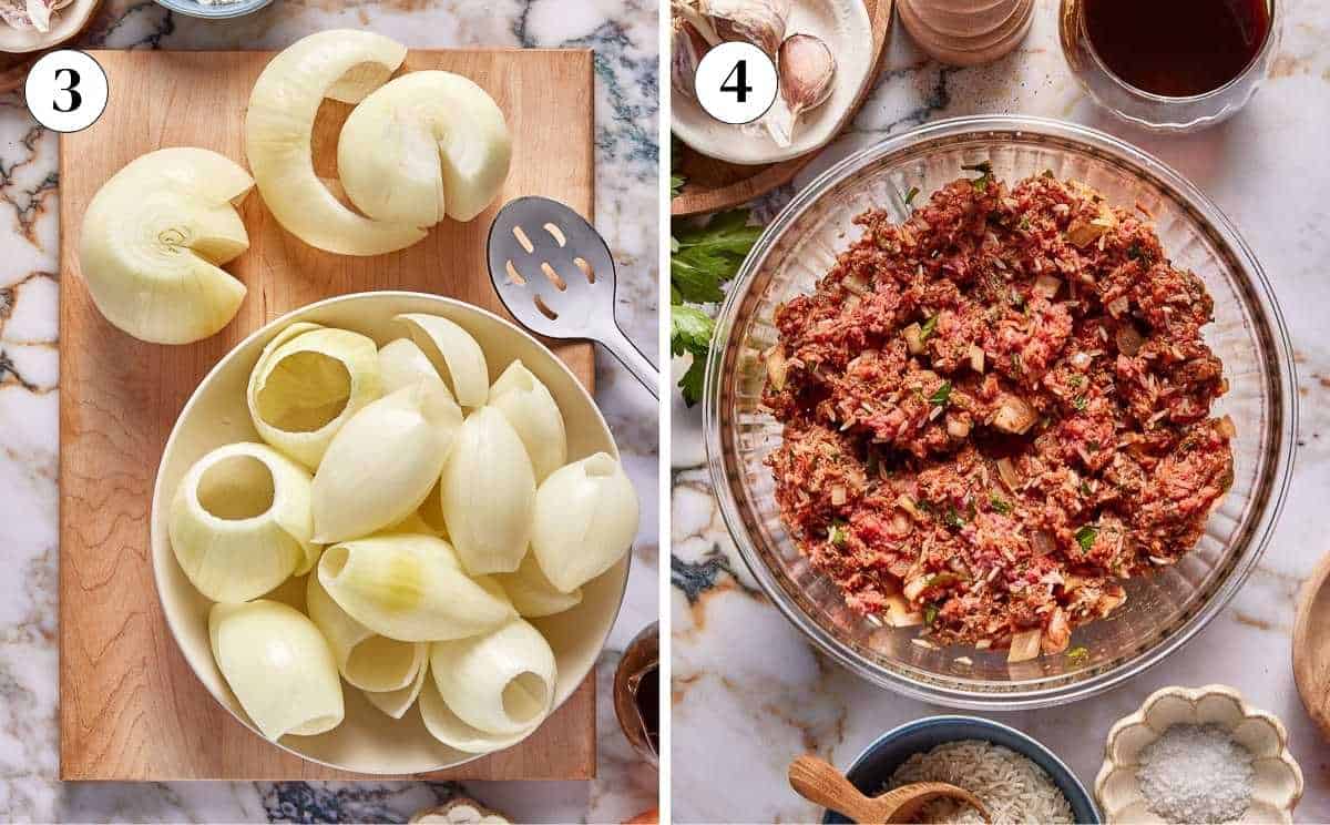 A collage of images showing the onion layers and the beef and rice filling.