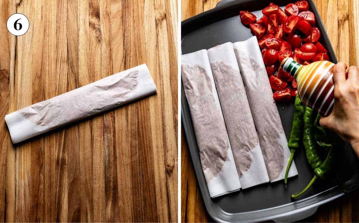 A collage of photos showing the preparation for the veggies with the rolled doner meat.