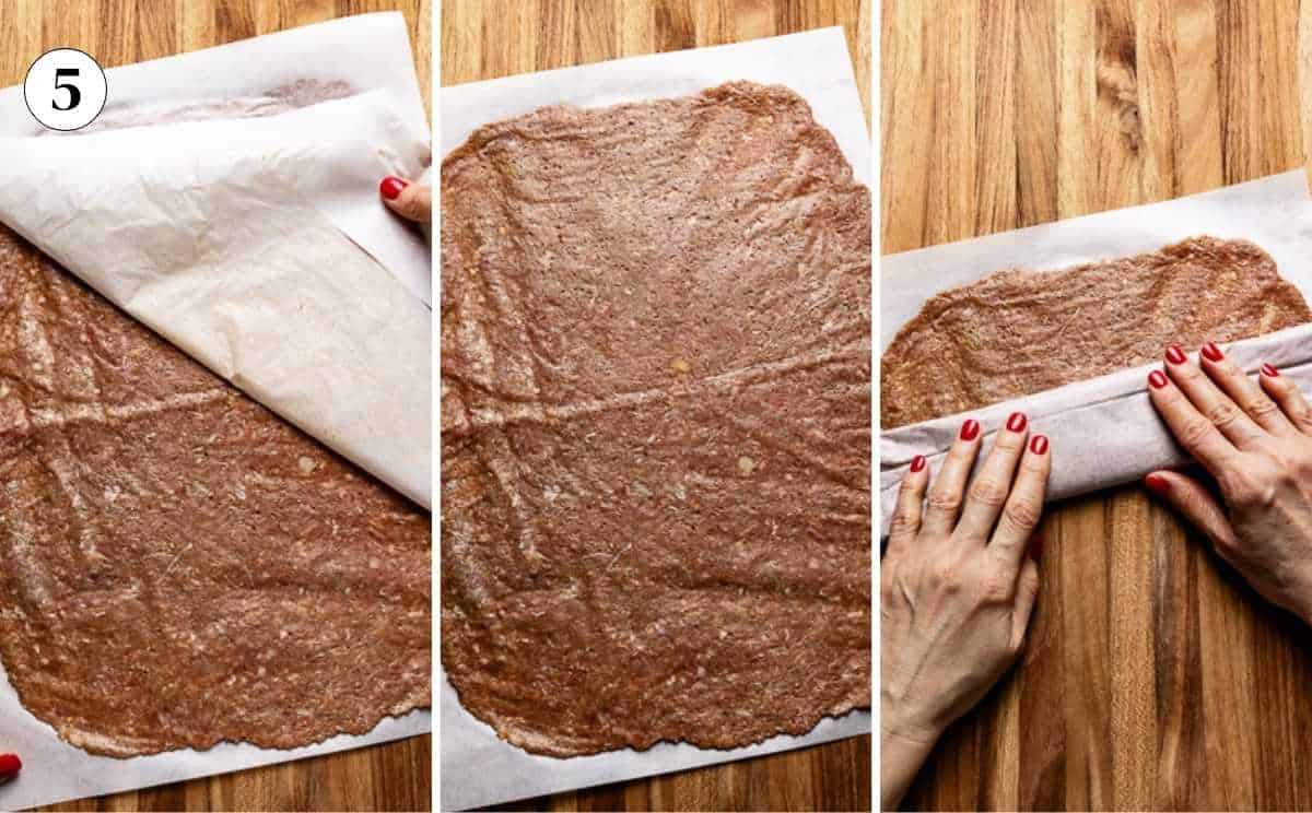 Photos showing the rolling of the meat to make the viral doner kabob recipe.