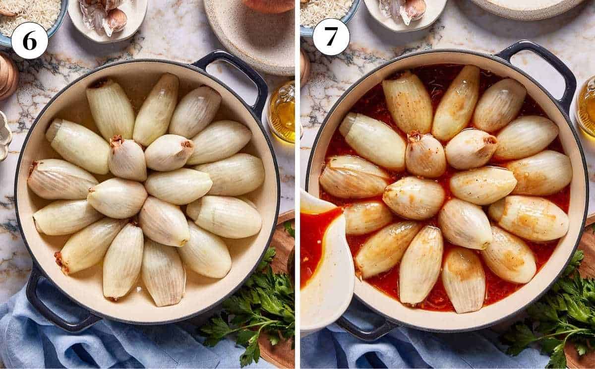 Stuffed onion in a skillet with the sauce.