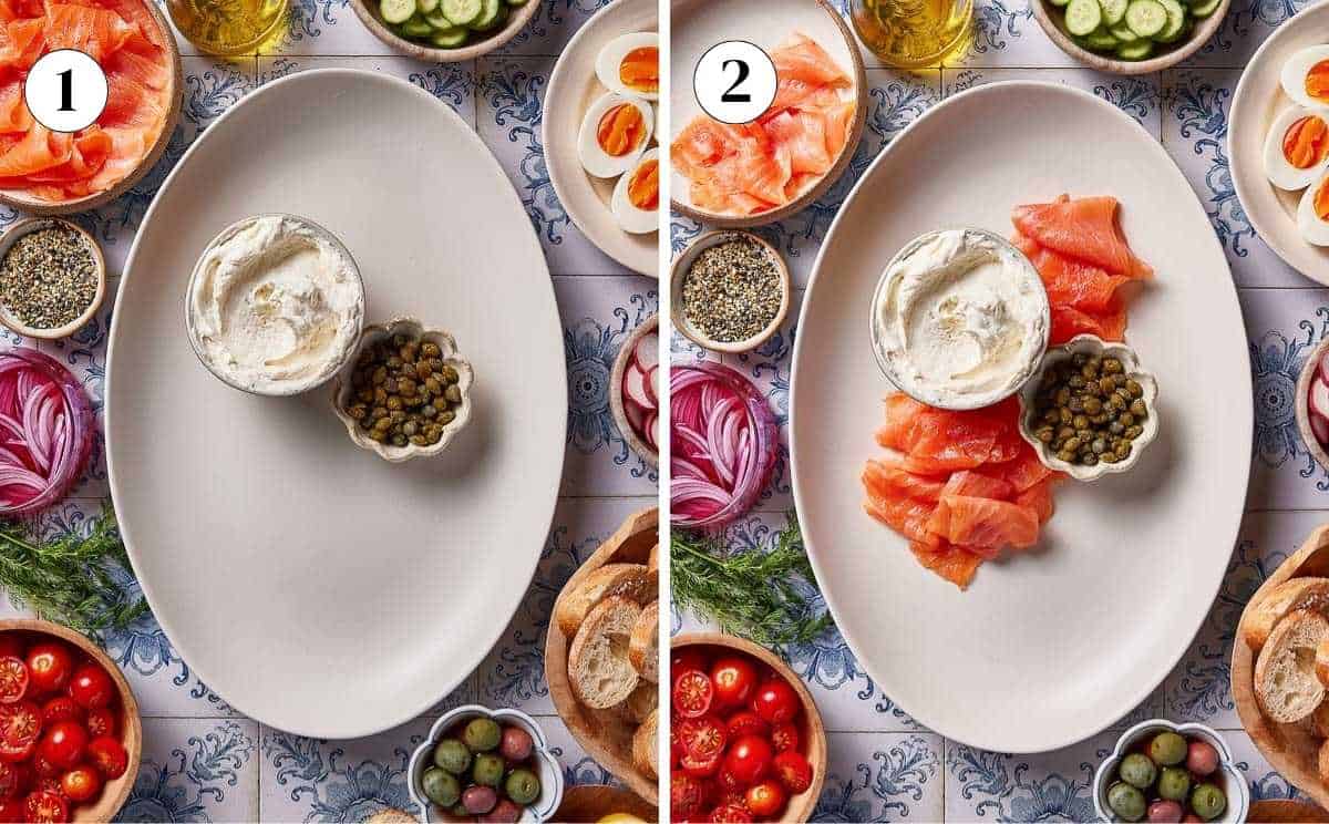 Steps showing how to arrange cream cheese, capers, and smoked salmon on a platter.