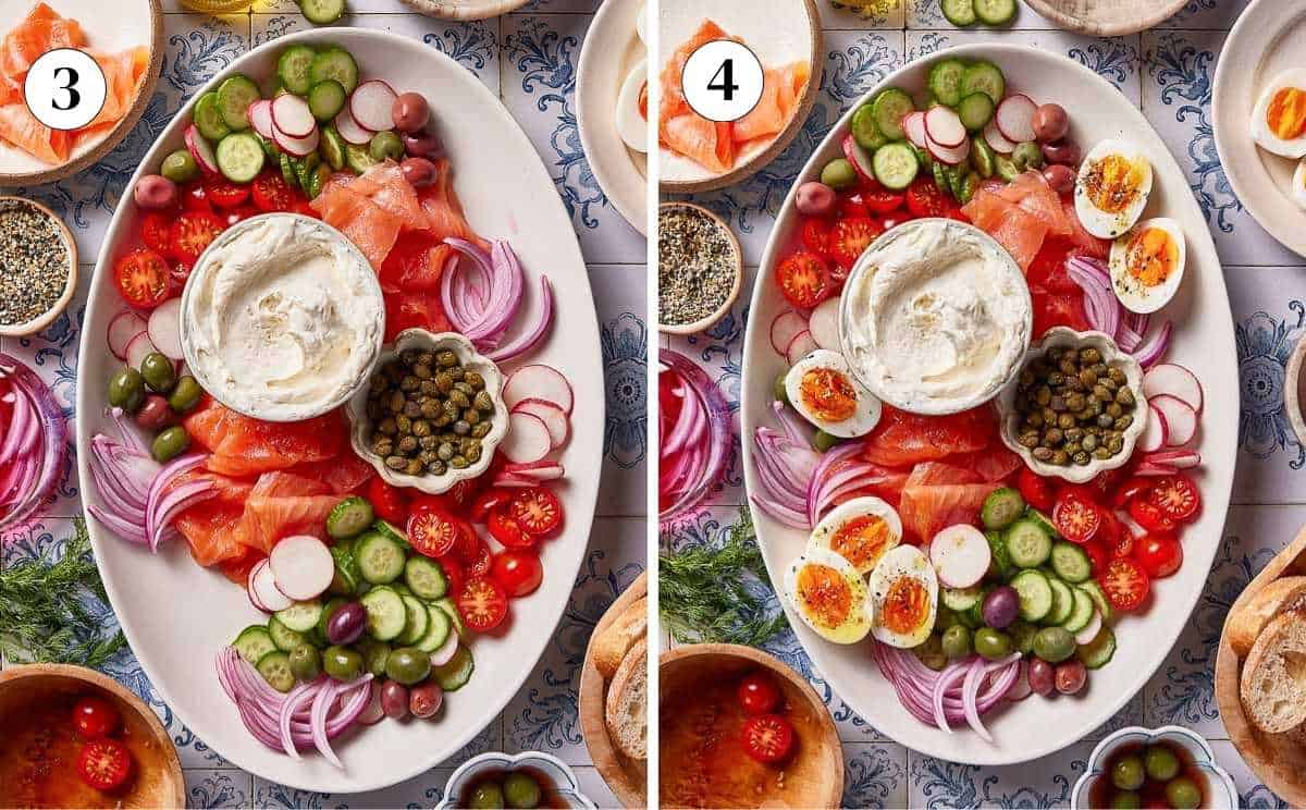 A collage of images showing how to make a smoked salmon platter appetizer.