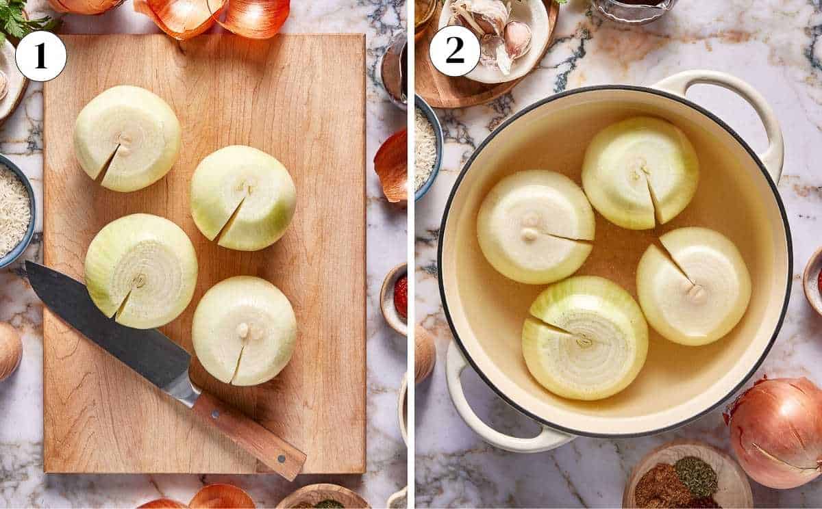 A collage of images showing the preparation of the onions to make stuffed onions.