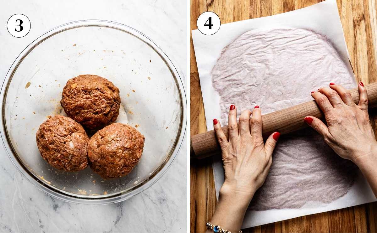 Images showing the rolling of the meat mixture to make Turkish doner kebab.