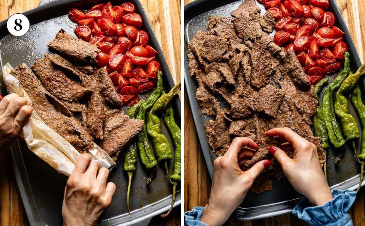 Showing the cooked doner meat getting unrolled and torn into big pieces.