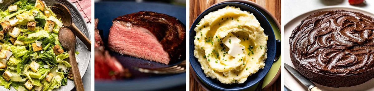 A collage of four dishes as a part of the steakhouse date night dinner menu.