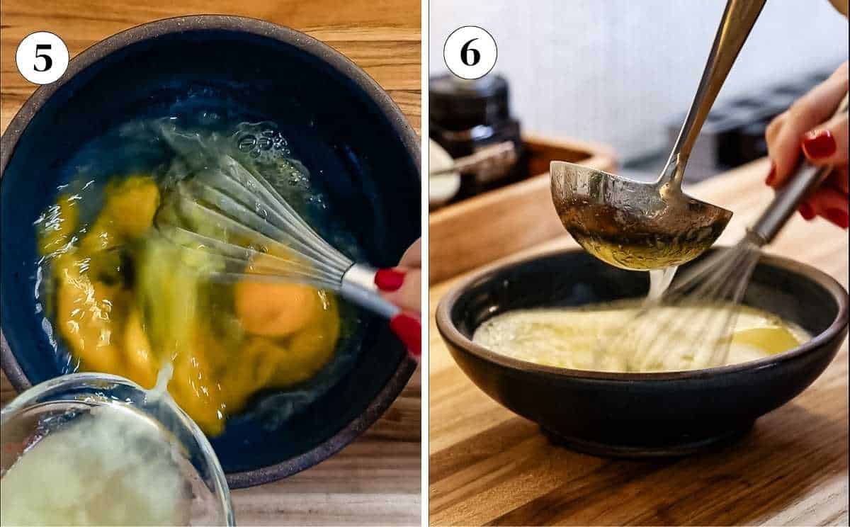 Eggs and lemon being whisked and tempered with hot broth for Greek lemon drop soup.