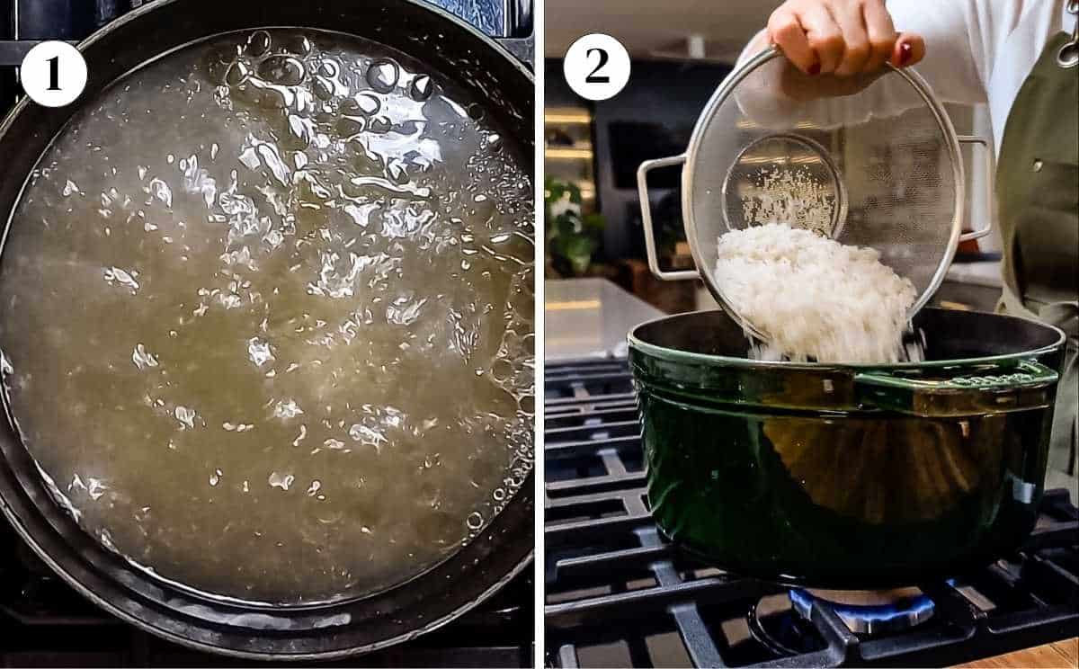 Chicken stock simmering as rinsed rice is added to the pot for Greek lemon chicken rice soup.