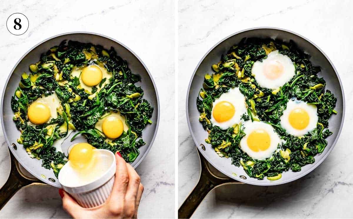 Cracking eggs directly into wells in the green vegetable mixture and a photo of them cooked.
