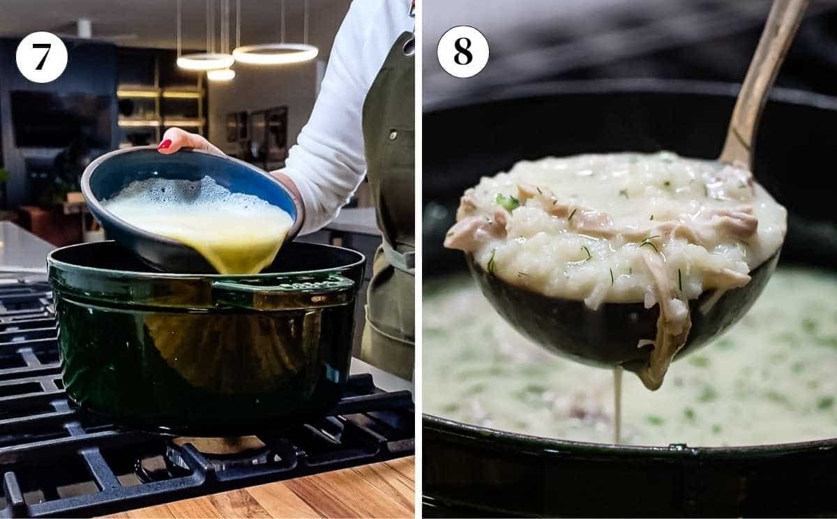 Person pouring the egg mixture to the pot and then showing the creamy chicken rice soup in a ladle.