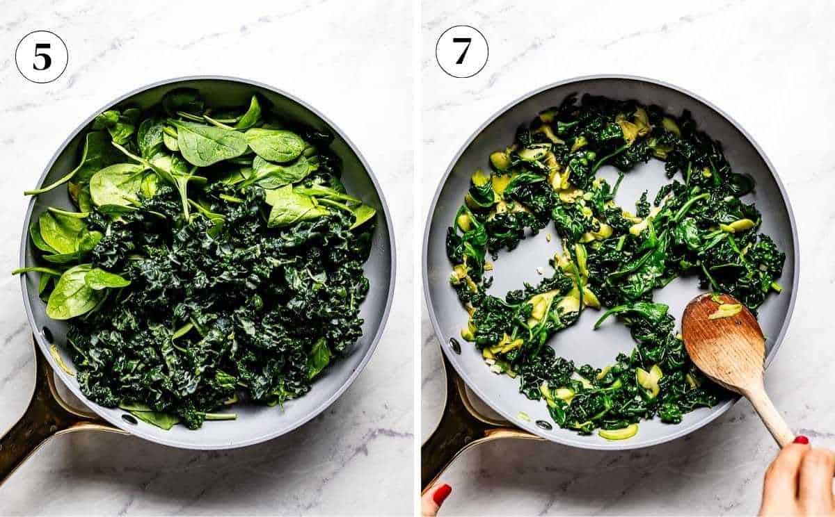 Wilting a large pile of kale and spinach and carving egg wells.