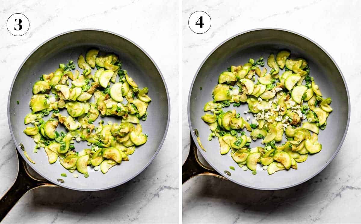 Sautéing sliced scallions and garlic with golden-brown zucchini.