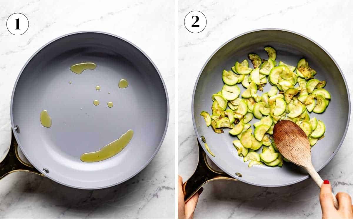 Slicing and searing zucchini in a single layer in a nonstick skillet.