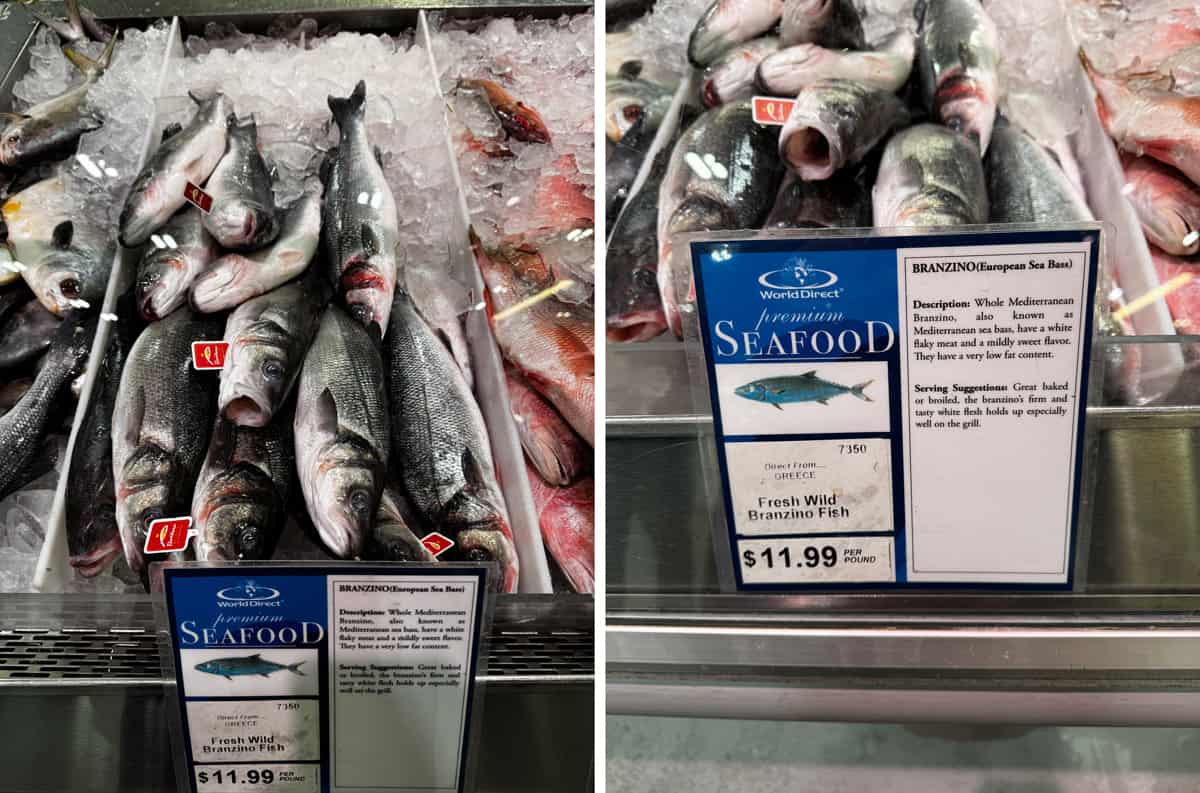 European sea bass at the fishmonger showing the pricing.