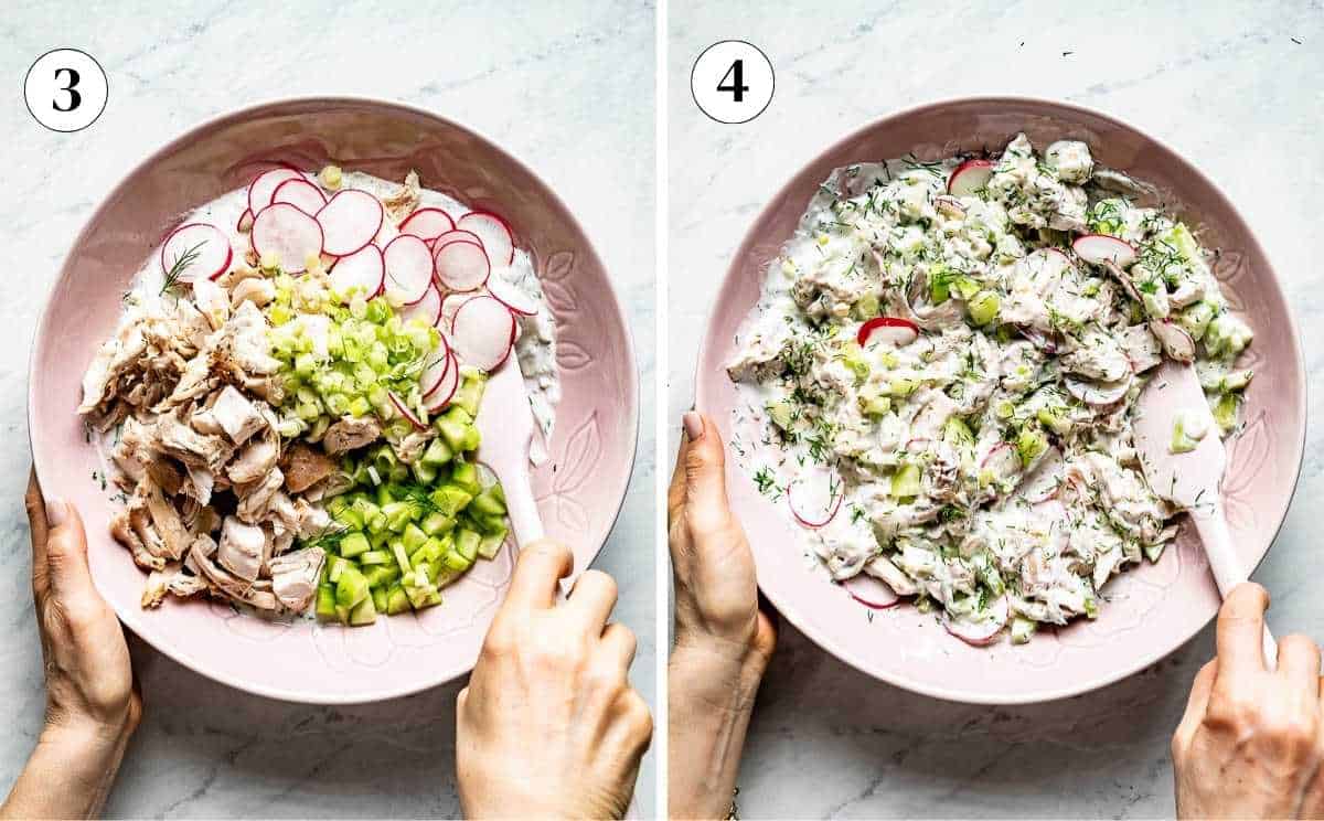 A two-part process photo showing diced chicken, sliced radishes, and scallions added to the yogurt base and then folded together with a spatula.
