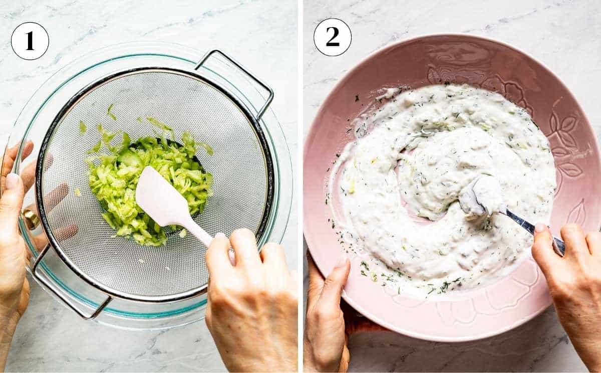 A two-part process photo showing shredded cucumbers being pressed in a colander and Greek yogurt dressing being stirred in a pink bowl.