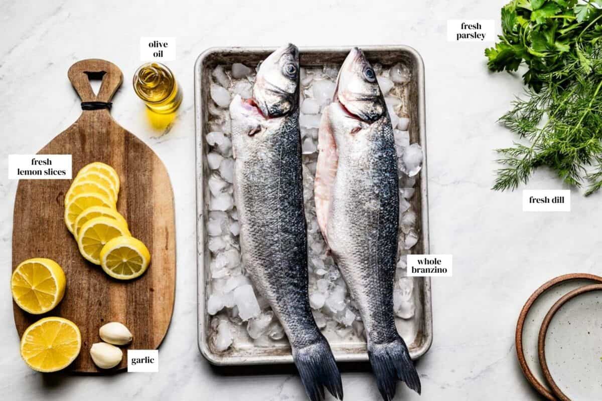 Ingredients for whole roasted branzino recipe including two fresh whole branzino fish, lemon slices, garlic, olive oil, fresh dill, and parsley.