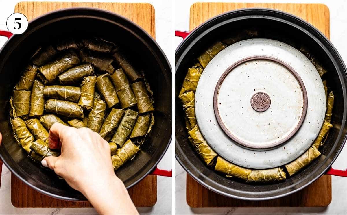 Arranging rolled dolmas seam side down in a spiral pattern inside a Dutch oven, then placing an inverted plate on top to keep them in place during cooking.