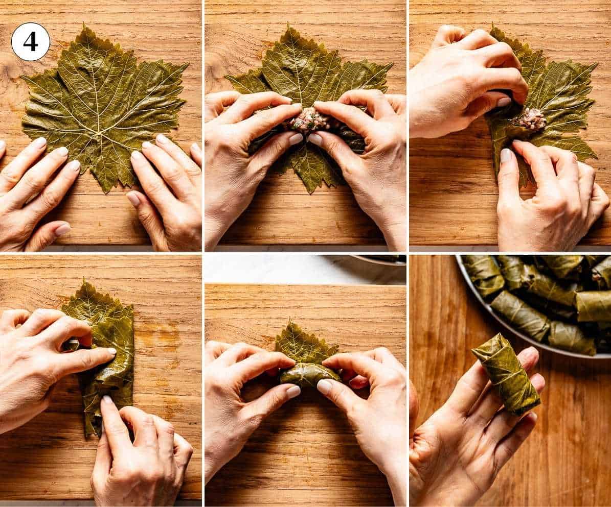 A sequence of photos showing how to roll stuffed grape leaves: placing filling at the base of a flat grape leaf, folding in the sides, rolling into a tight cylinder, and holding the finished dolma seam side down.