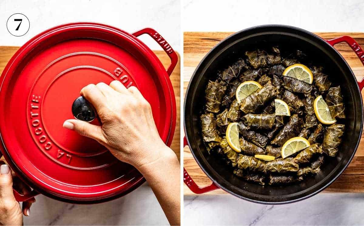 Placing the lid on a red Dutch oven to cook the dolmas, and the finished stuffed grape leaves arranged in the pot with lemon slices after cooking.
