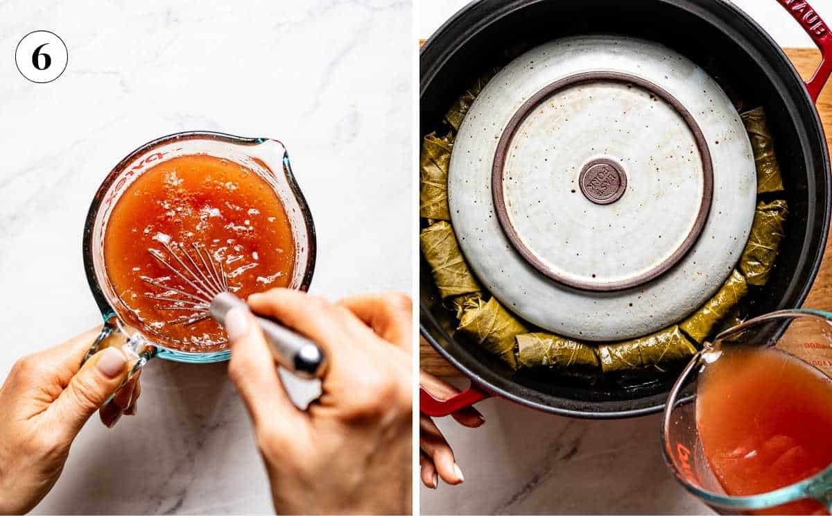 Whisking tomato paste into the cooking liquid in a glass measuring cup, then pouring it over the the rolled grape leaves in the pot.
