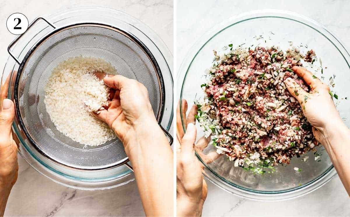 Hands rinsing short-grain Arborio rice in a mesh strainer, and mixing the raw ground beef and rice filling with fresh dill, parsley, and onion in a large bowl.
