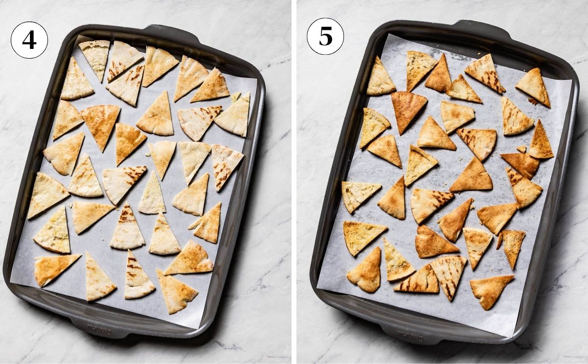 Pita chip triangles on a sheet pan before baking and after baking to golden brown.