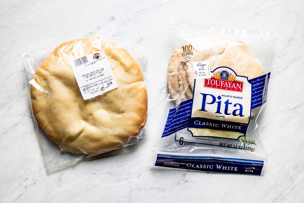 Store-bought pita and Toufayan classic white pita side by side for making chips.