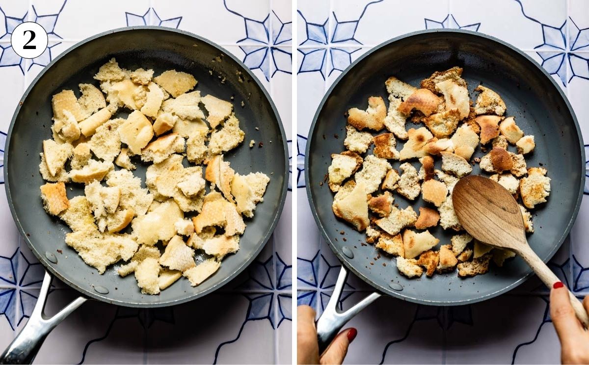Torn pita frying in a skillet, before and after, stirred with a wooden spoon until golden and crisp.